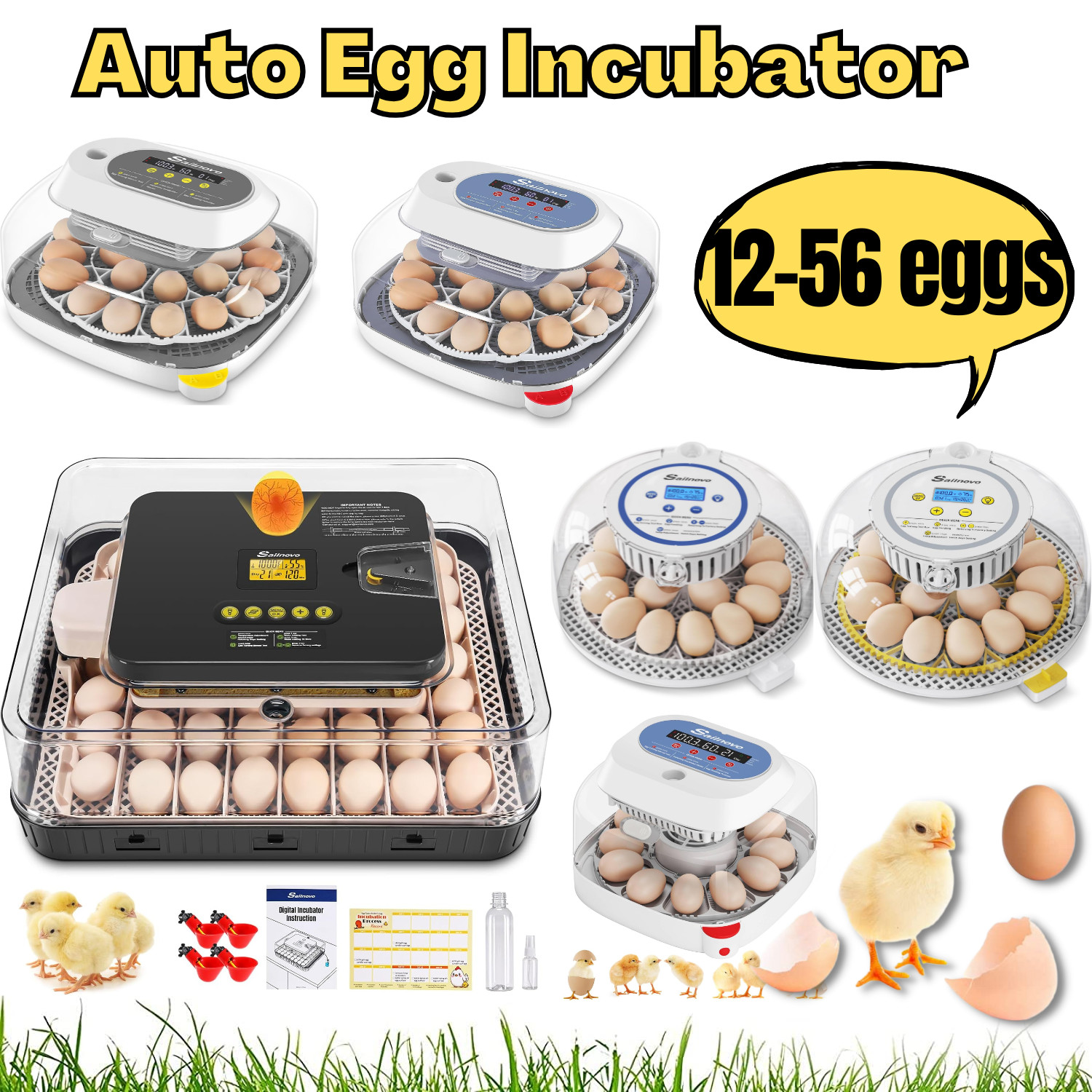 12/18/24/56 Egg Incubators for Chicken Eggs w/ Automatic Egg Turning 360° View-