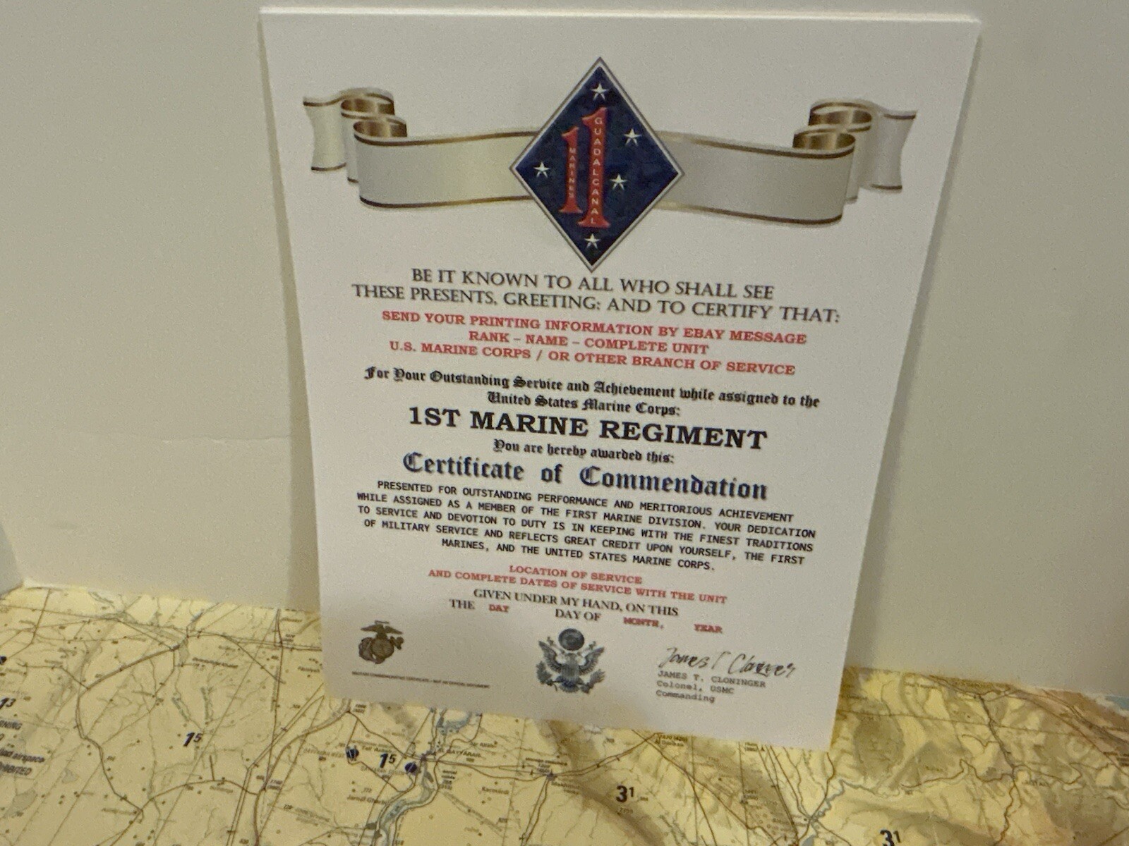 U.S. MARINE CORPS / 1ST MARINE REGIMENT (1 MARDIV) - CERTIFICATE OF COMMENDATION