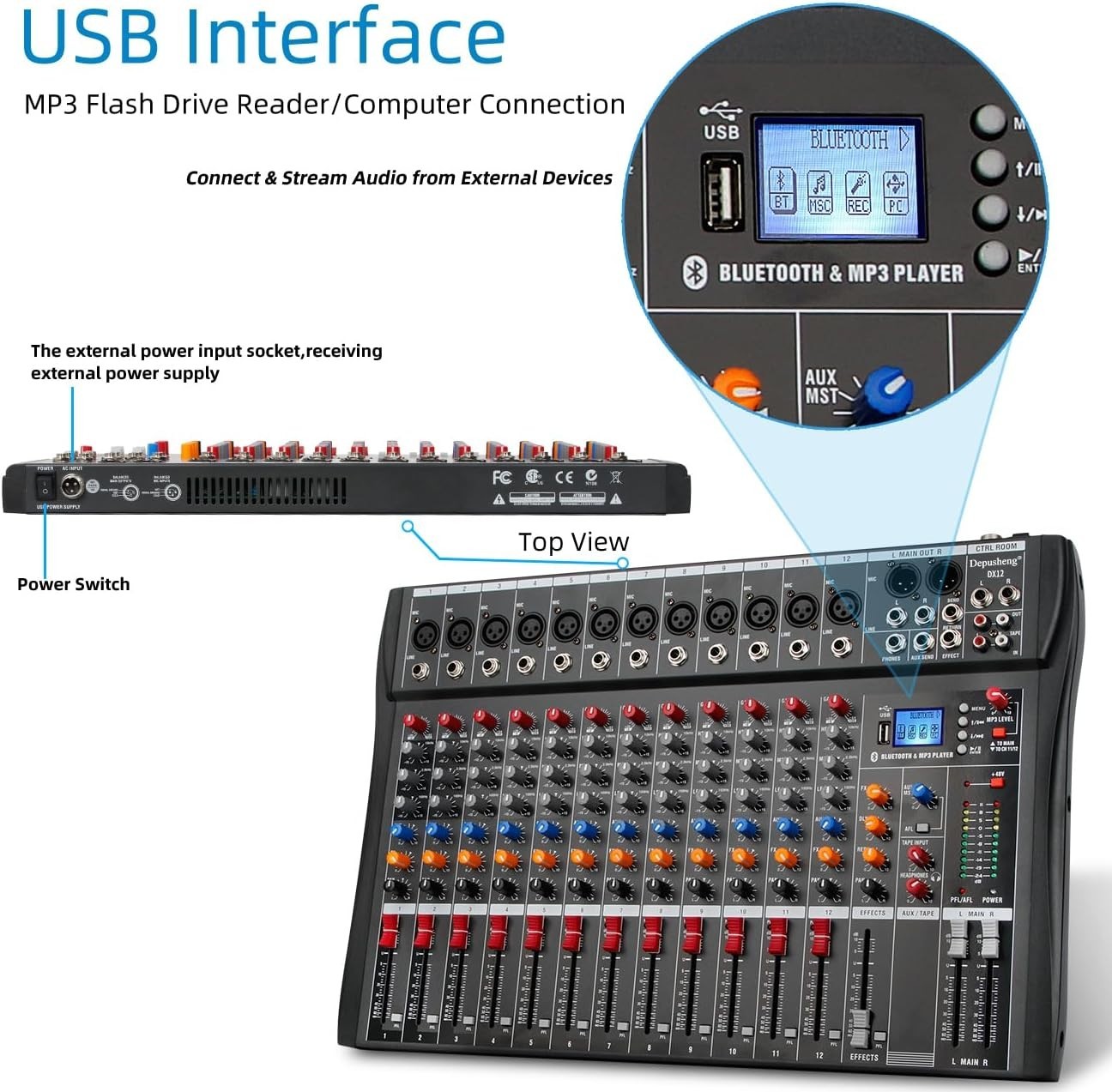 Compact 12-Channel DJ Mixer with USB Interface & Bluetooth Streaming Capability