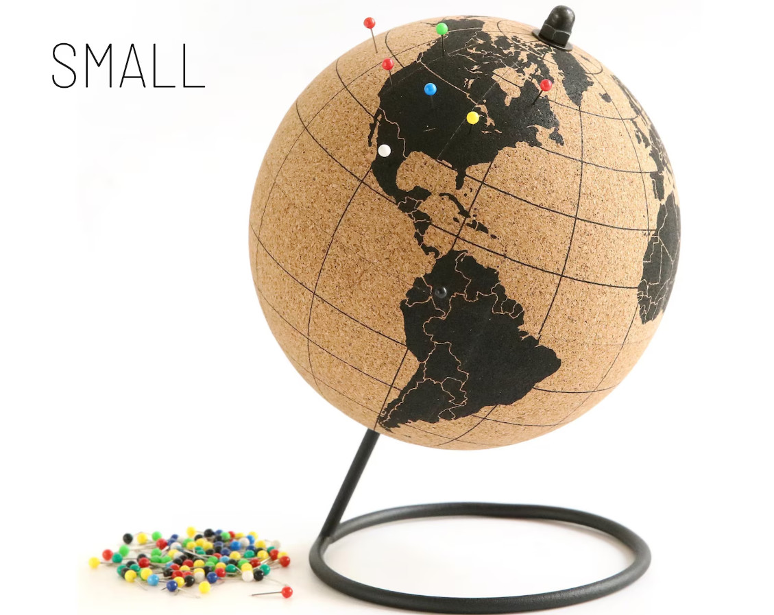 Travel Cork Globe Black 50 Push Pins Educational Map Display Stand