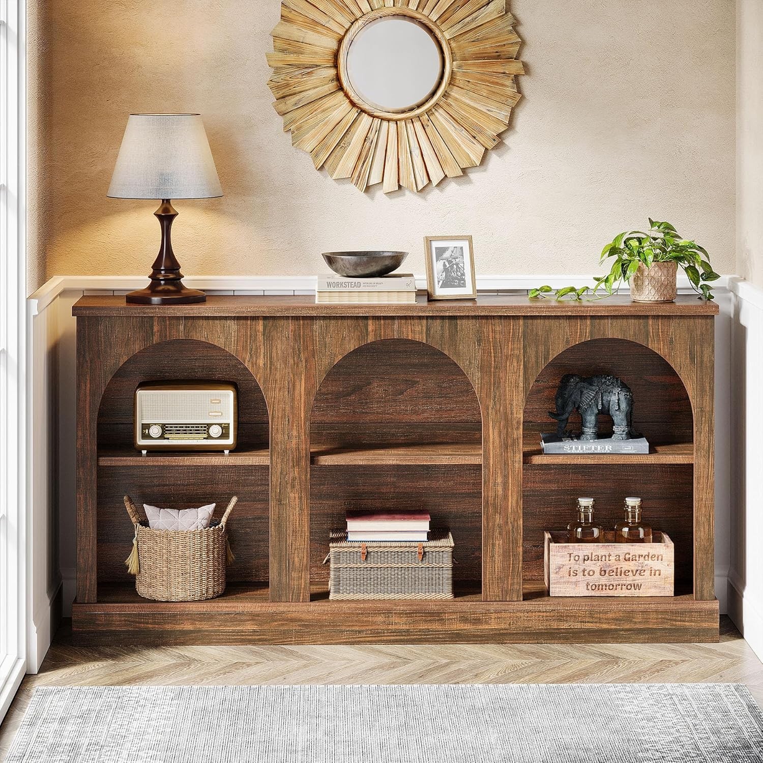 63-Inch Farmhouse Console Table, Rectangular Wooden Entryway Table with Storage