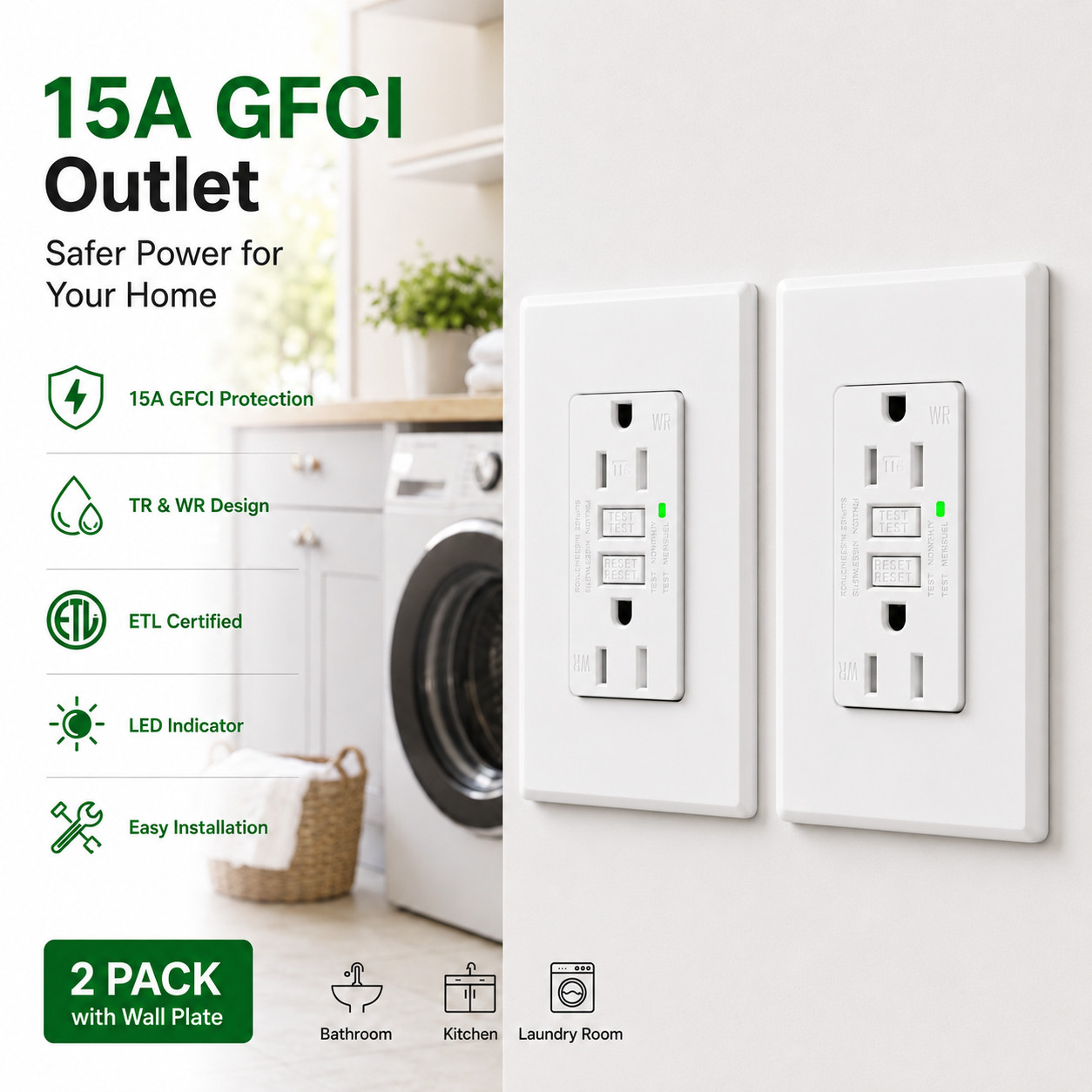 (2 Packs) 15A GFCI Outlet ETL Listed - Weather / Tamper Resistant WR TR - White