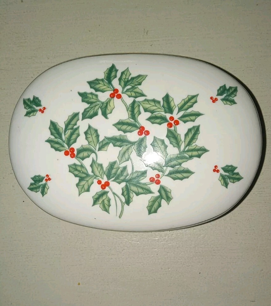 White China Trinket Box W/Lid Holly Design 3.5 X 5 Inches
