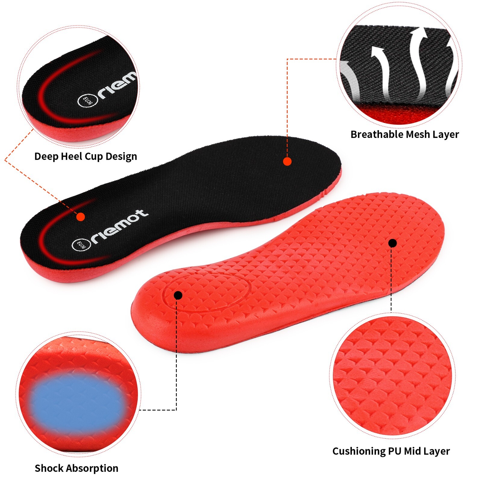 riemot Terry Cloth Sockless Insoles for Men Arch Support Barefoot Shoe Inserts