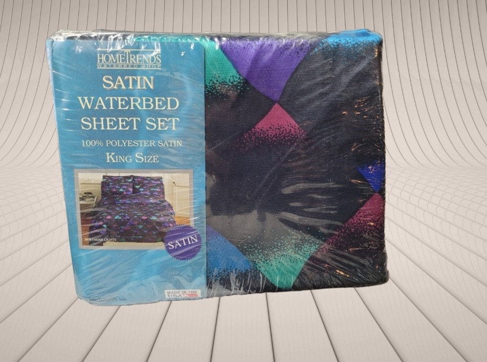 Vtg Home Trends Waterbed King Sheet Set Northern Lights Satin Polyester New NOS