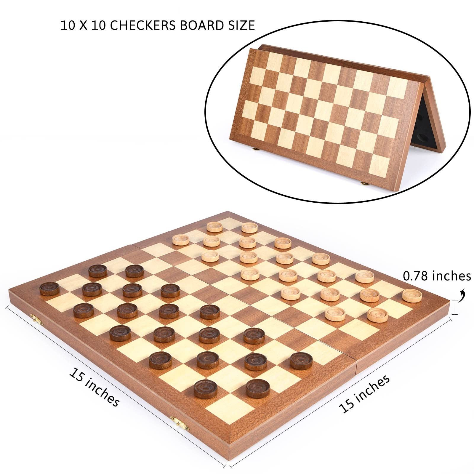 15inch Checkers Folding Wooden Game Set, 100 Square Checkerboard Internationa...
