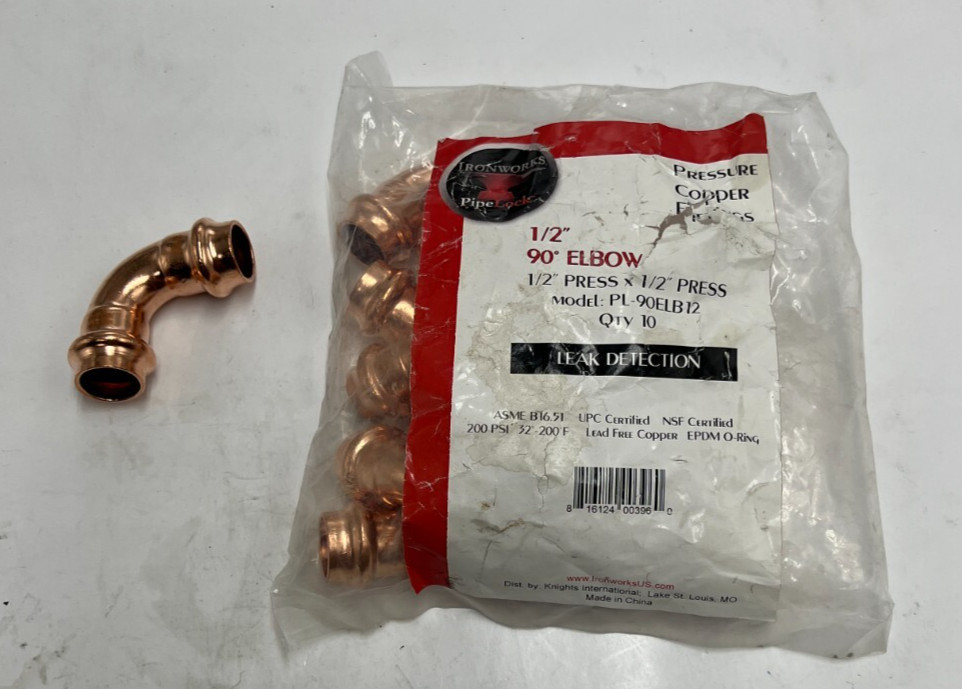 (QTY 10) Ironworks PL-90ELB12 Pipe Lock Pressure Copper Fitting 90° Elbow 1/2"