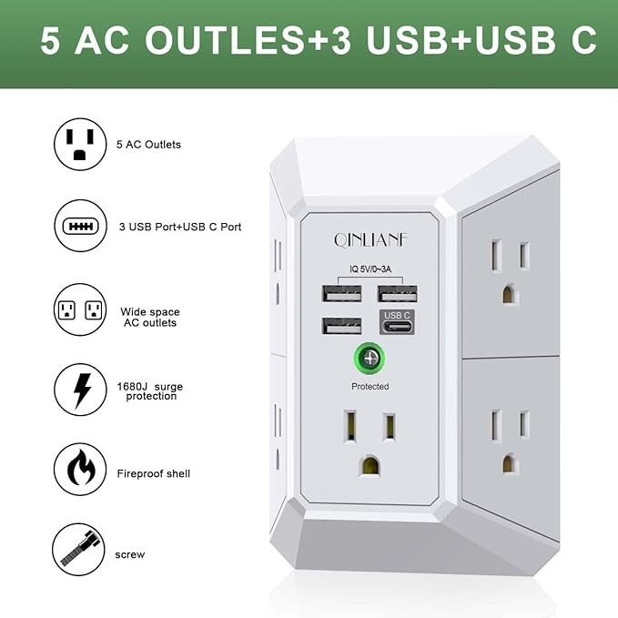 5 Outlet Extender Surge Protector Multi Plug Wall Adapter USB Charger Ports with