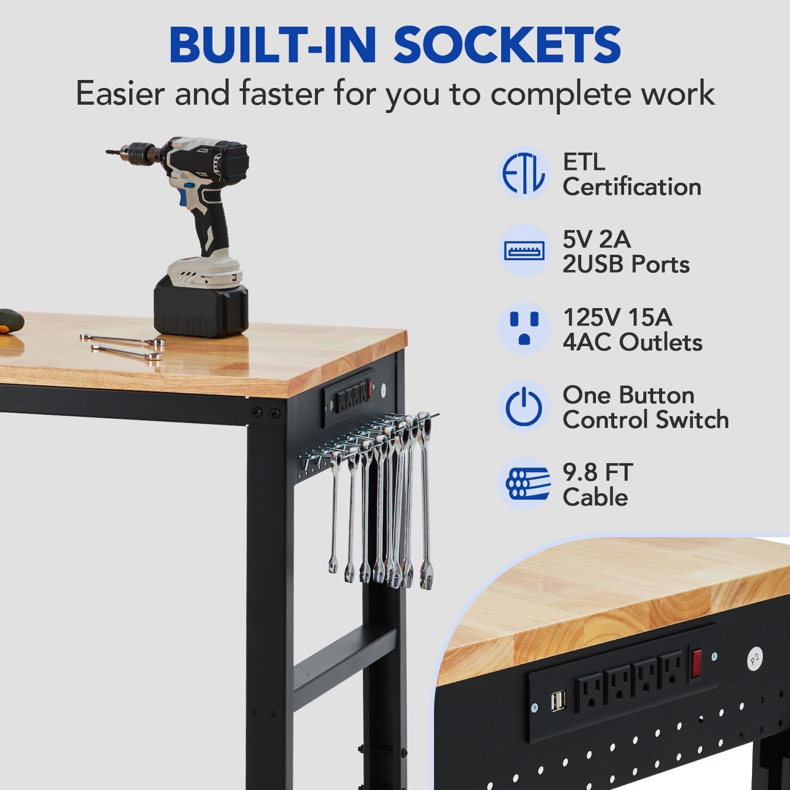 Height Adjustable Workbench 60"x 20" 2000 Lbs Capacity Heavy-Duty Power Outlets