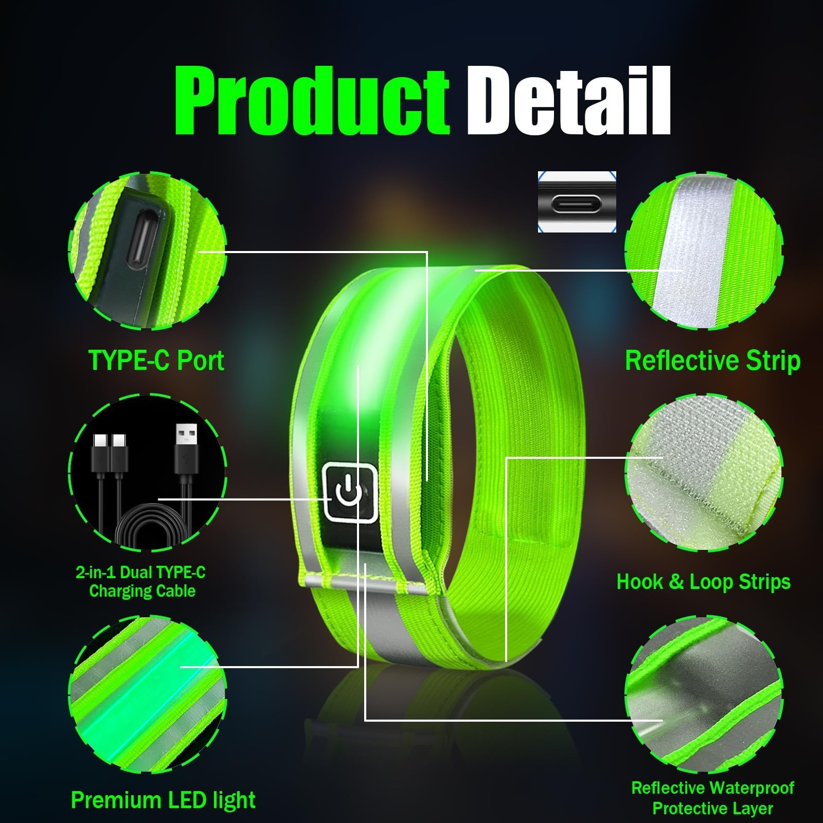 2 Pack Rechargeable LED Armbands for Running, High Visibility Reflective Runn...
