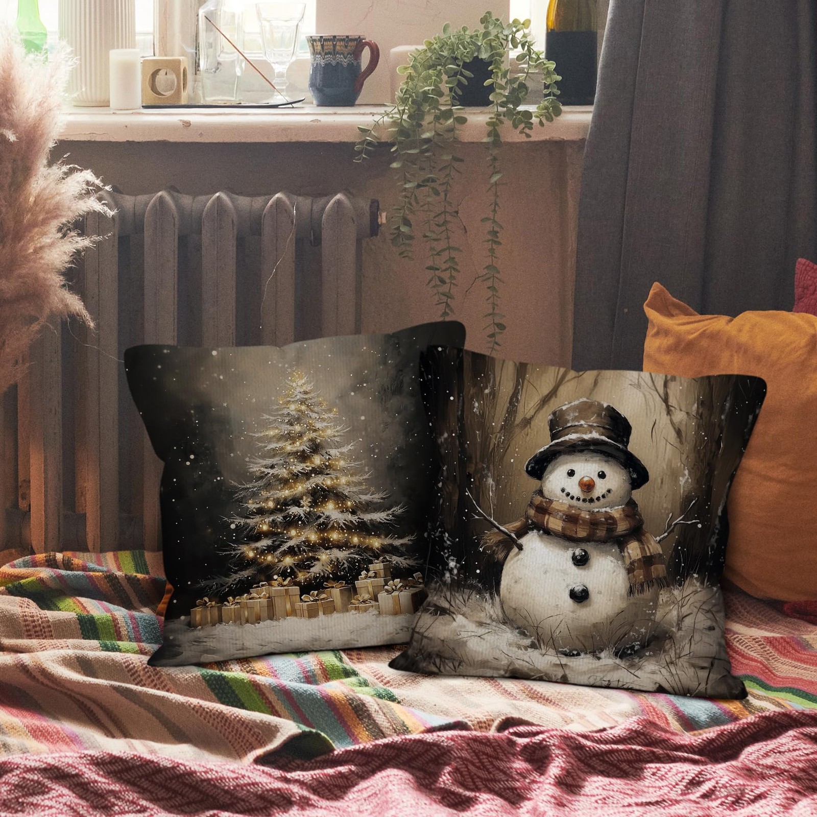 Vintage Christmas Throw Pillow Covers 18x18 Set of 2,Vintage Dark Christmas T...