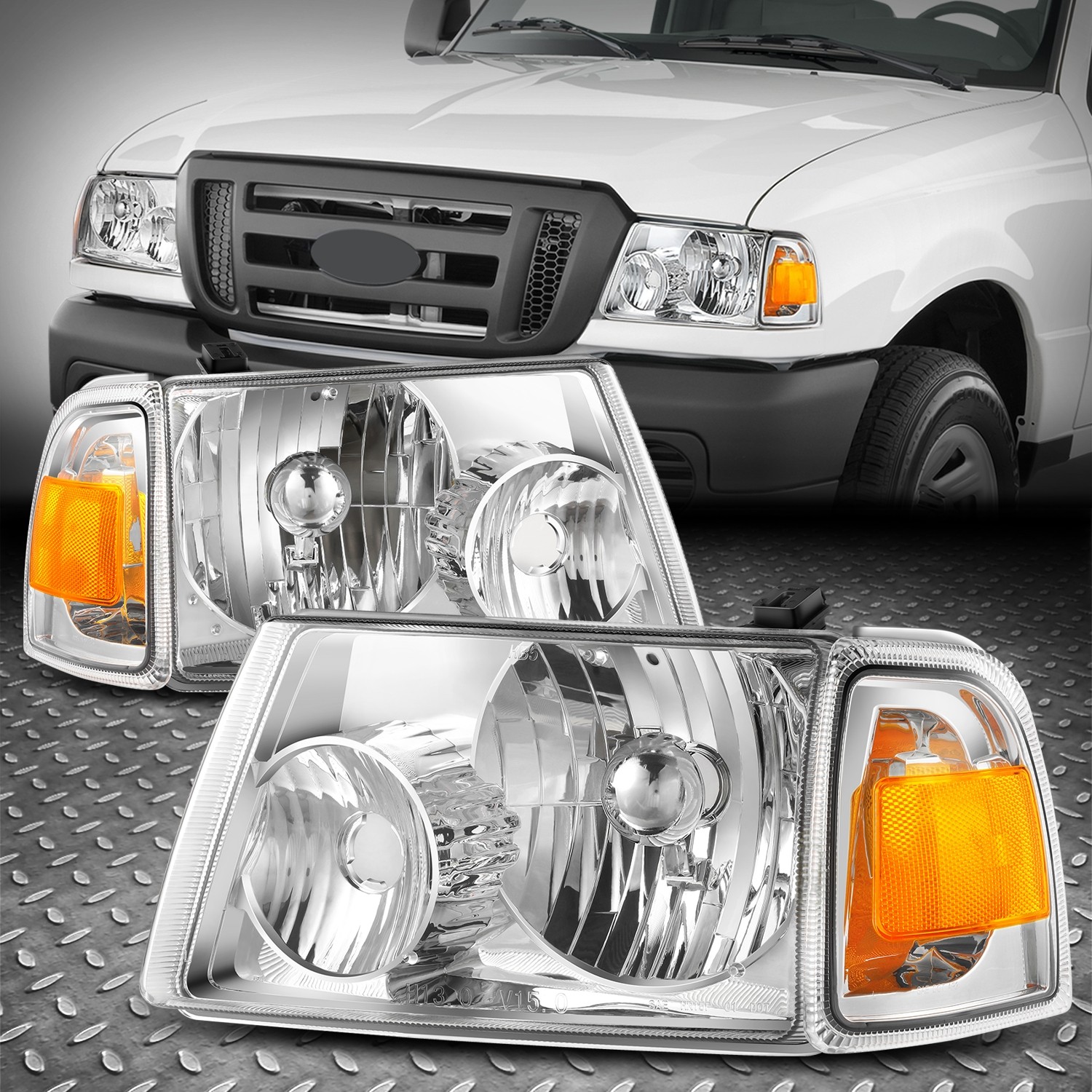 For 06-11 Ford Ranger OE Style Chrome Housing Amber Corner Headlight Lamps Pair