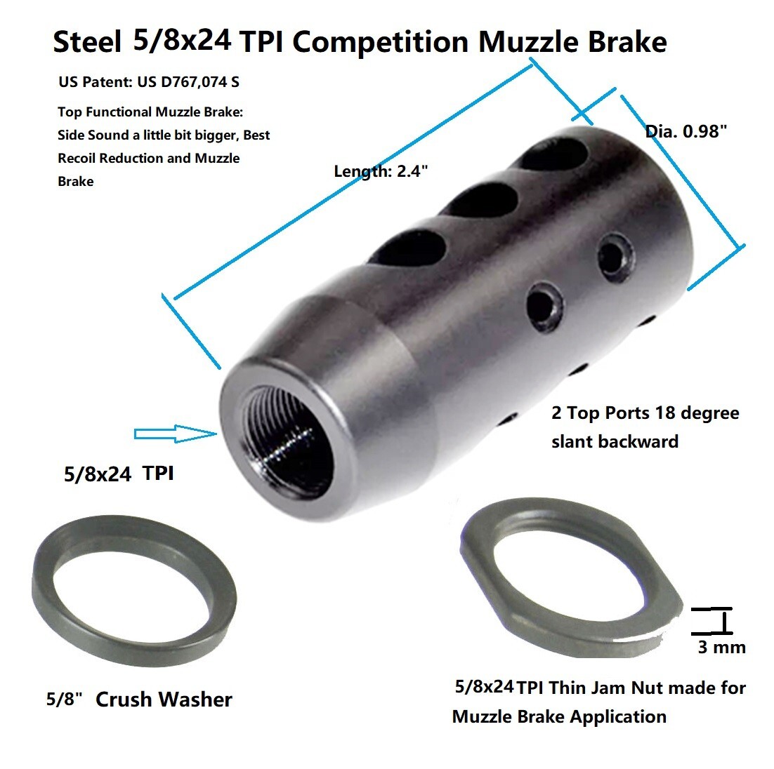 Steel 5/8x24 TPI Threaded Competition Muzzle Brake For 308 300BLK