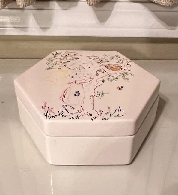 Porcelain Covered 6 Side Box Sketched Hand-painted,  Lined Red Velvet  Vntg Rare