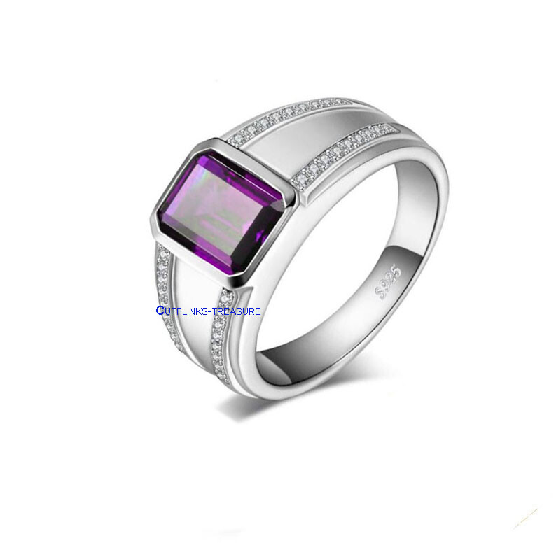 Natural Amethyst & CZ Gemstones with 925 Sterling silver Ring for Men's #1230