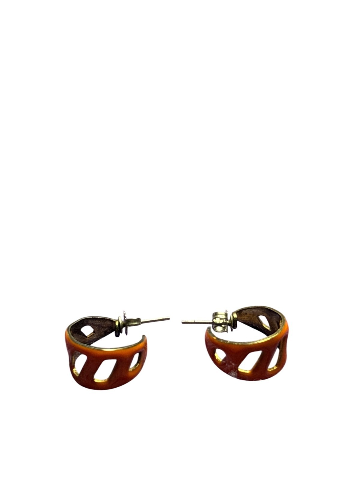 Vintage Open Hoop Earrings Cutouts Orange Enamel 5/8 inch