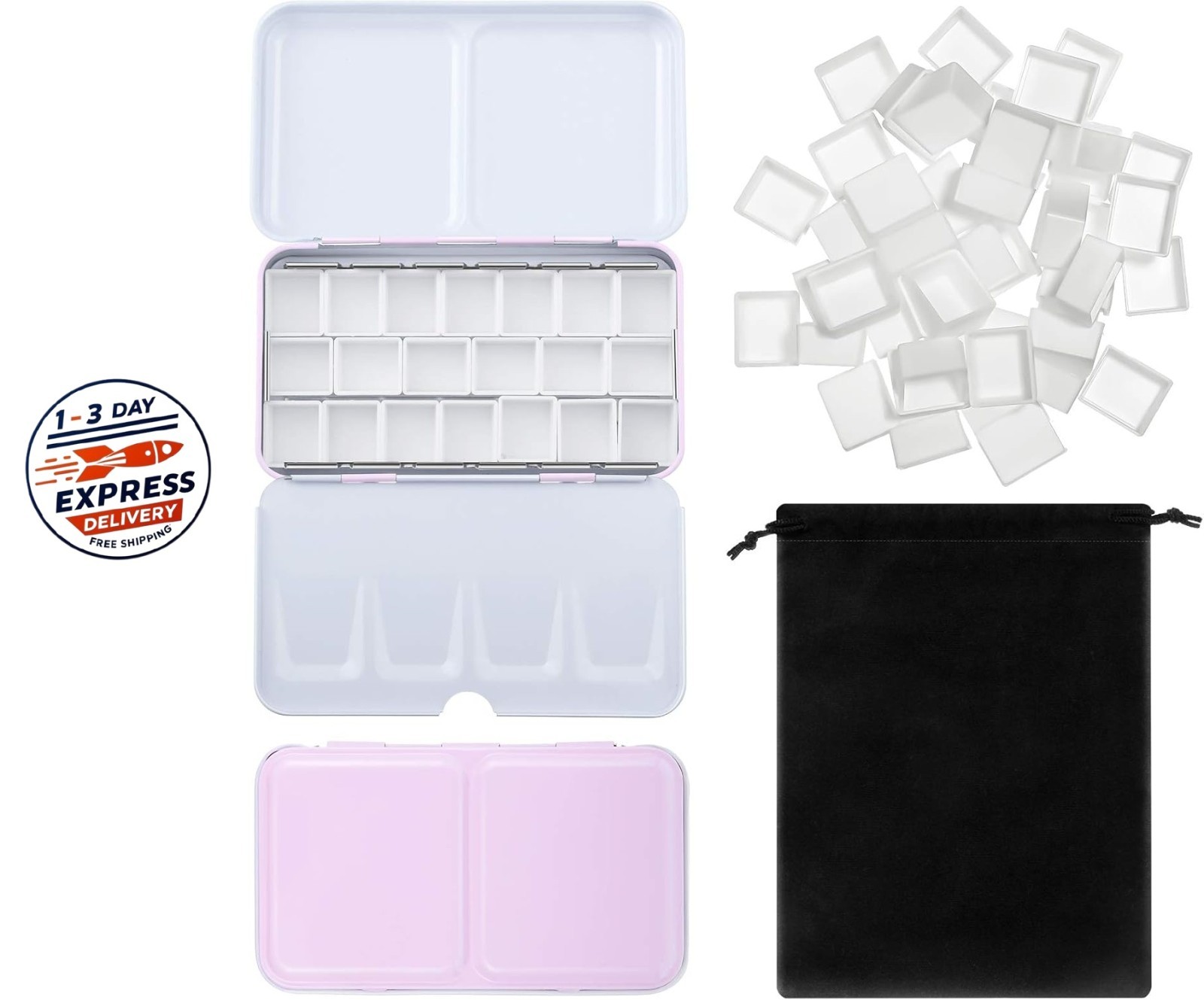 Juego de 51 paletas y medias bandejas de acuarela, caja metálica con tapa, vacía