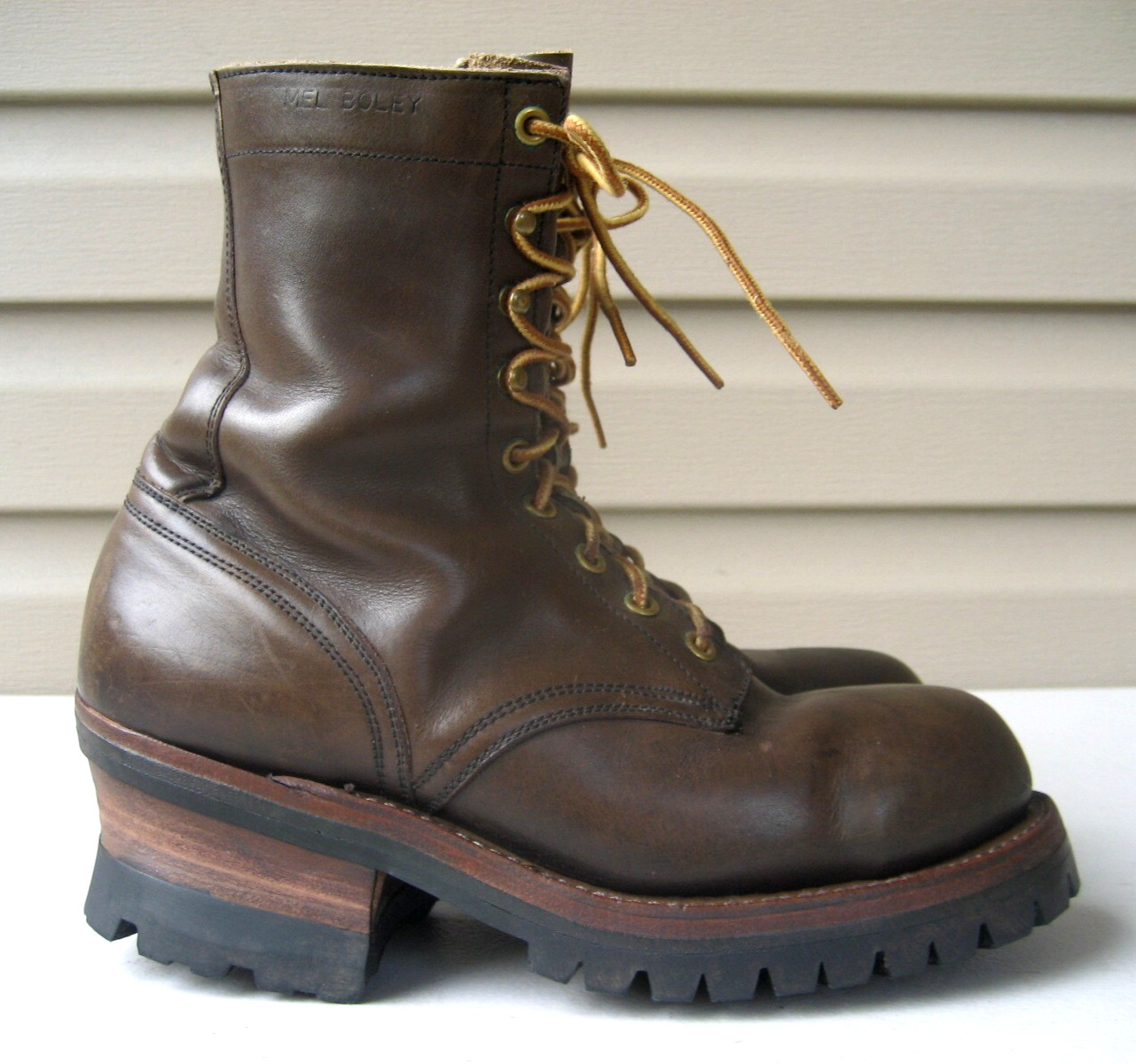 Mel Boley Custom mens boots 7 E Brown Leather Steel Toe Vibram Vtg