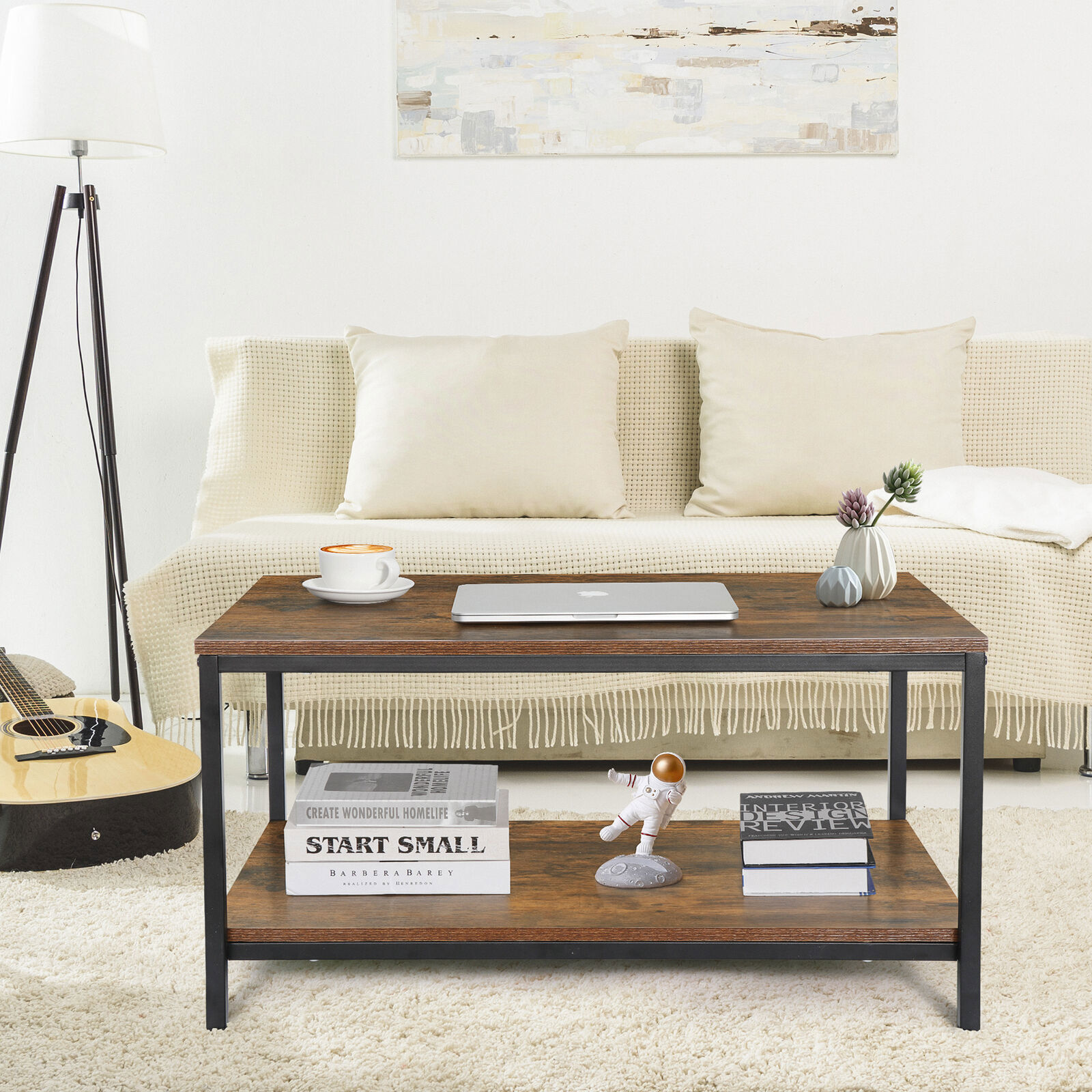2-Tier Industrial Coffee Table Rectangle TV Stand Side End Table w/Storage Shelf