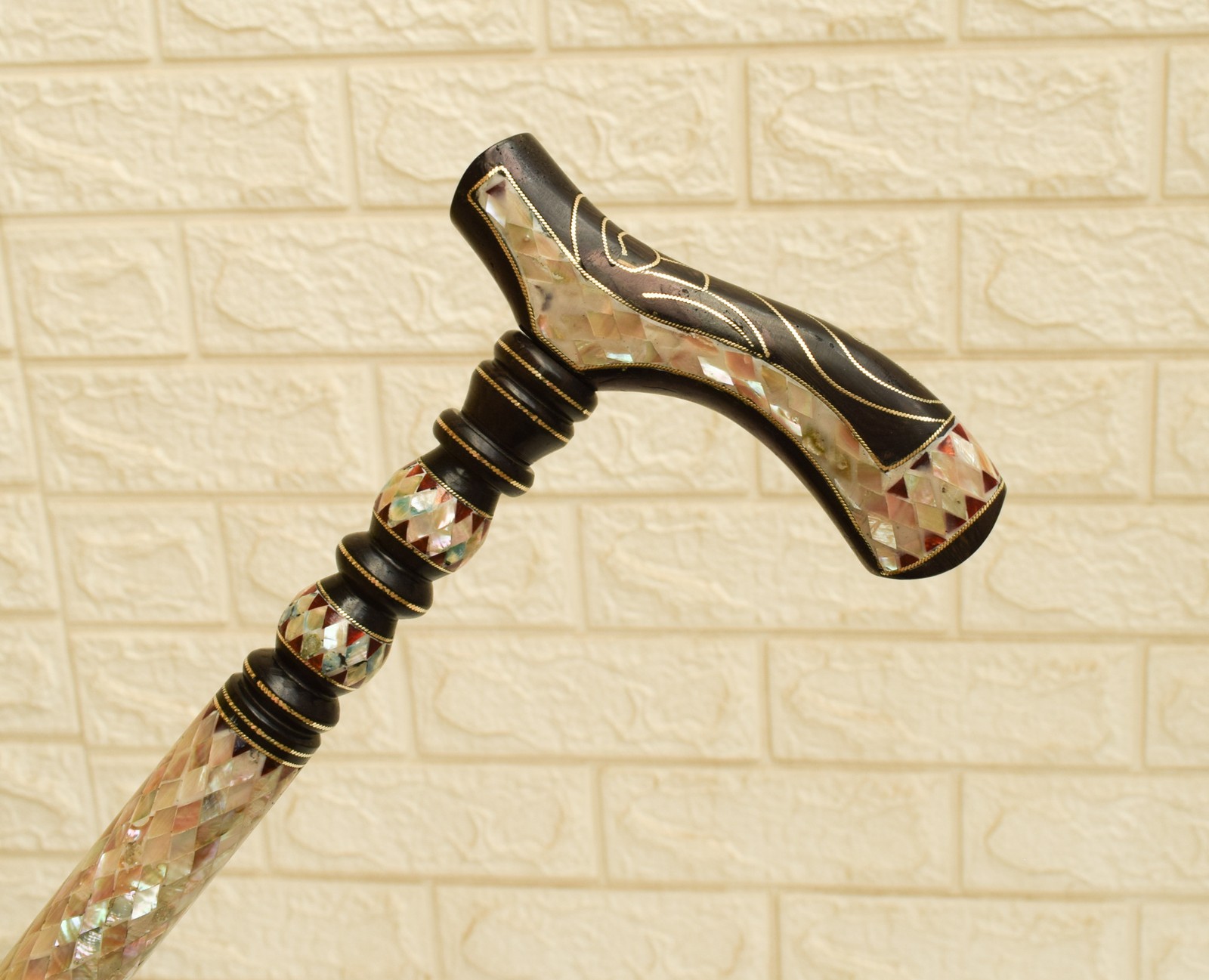 Mother of Pearl Inlaid Walking Cane – Ebony Wood & Brass Wire Handmade Stick 35"