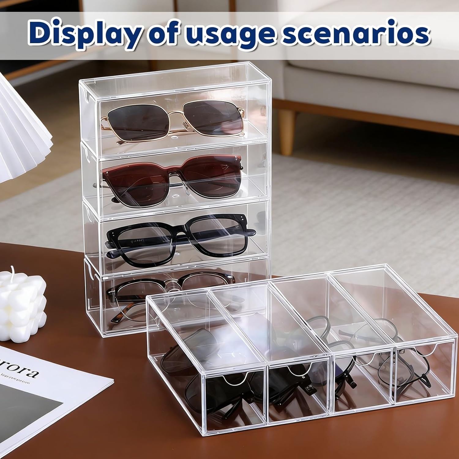 2PCS Clear Acrylic Sunglasses Organizer Plastic Stackable Eyeglass Case Storage