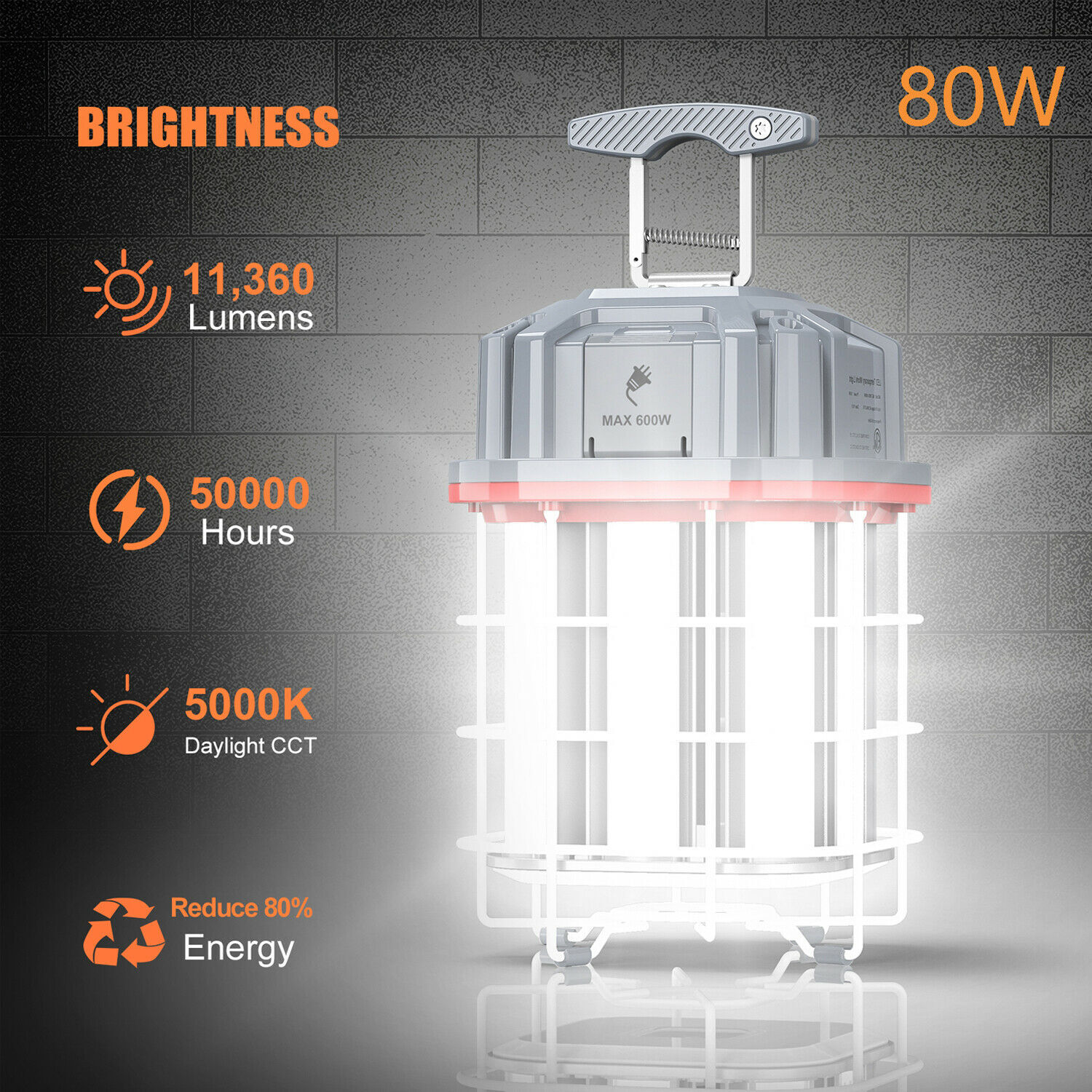Linkable LED Temporary Work Light 80W 11600LM Portable Construction Jobsite Lamp