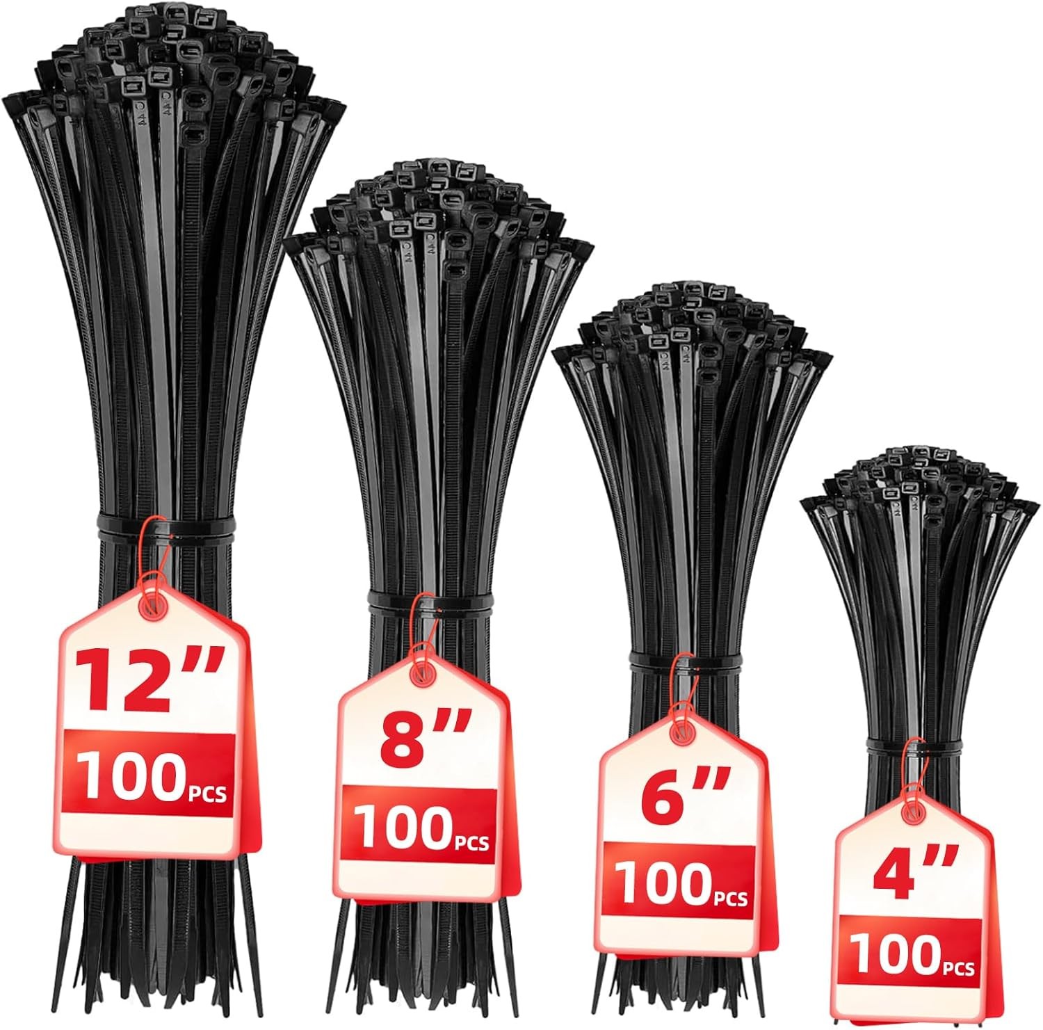 400 Pack Black Cable Zip Ties Assorted 4 6 8 12 Inch Plastic Wire Ties for Homes