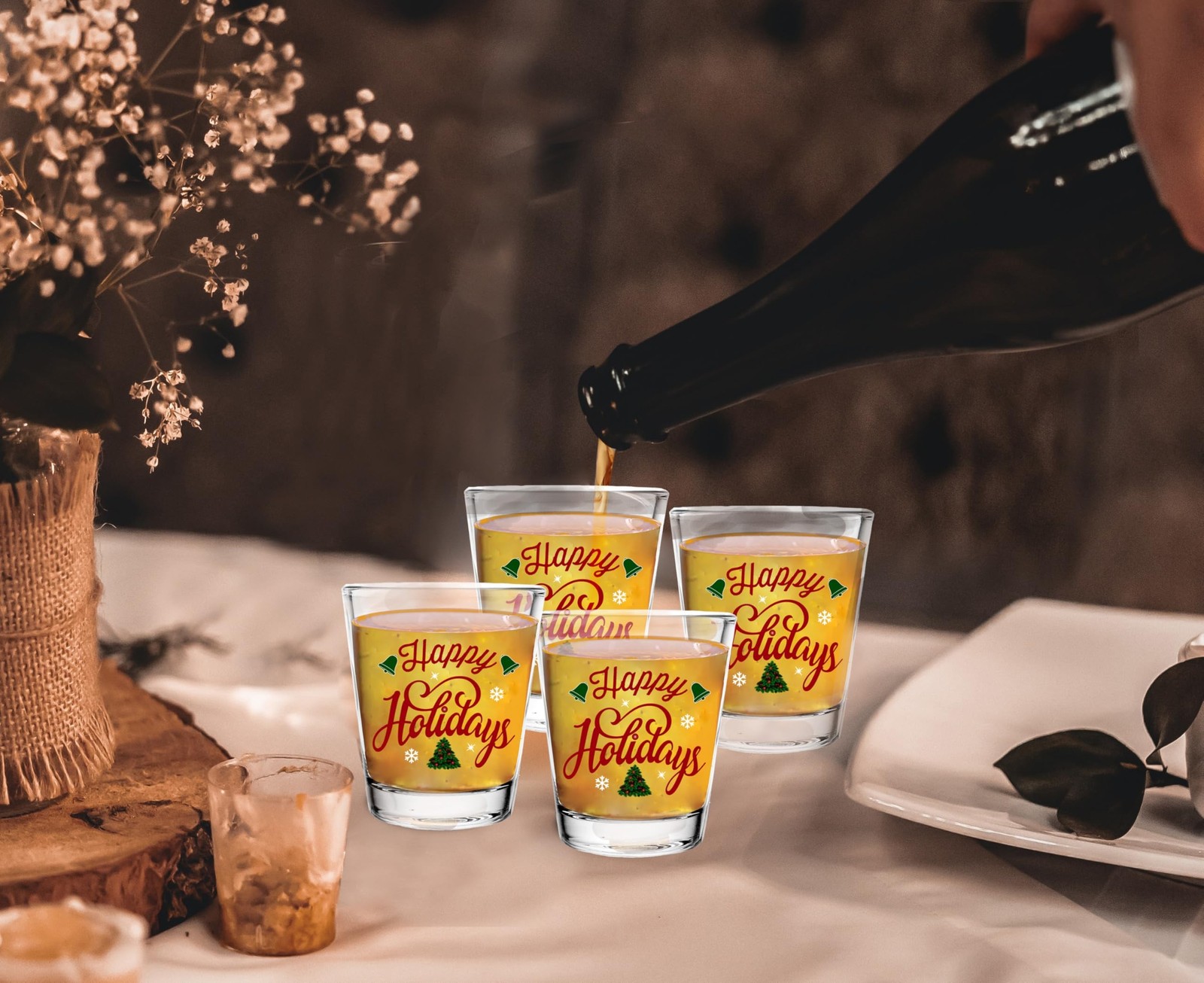 christmas Shot Glass Gift Set -Happy Holidays- Glasses Drinkware or Votive Ca...