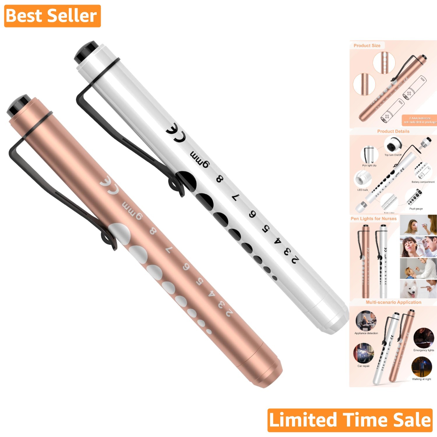 Professional Nurse Flashlights - 2 Pack LED Pen Lights with Ruler & Pupil Gauge