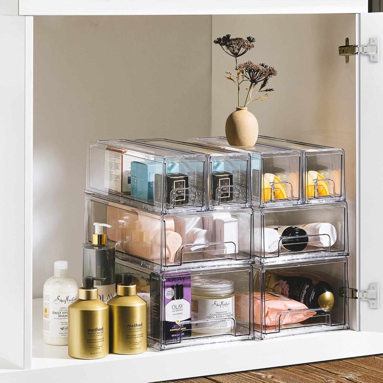 Small Clear Stackable Storage Drawers – 2-Pack Plastic Organizer Bins with Handl