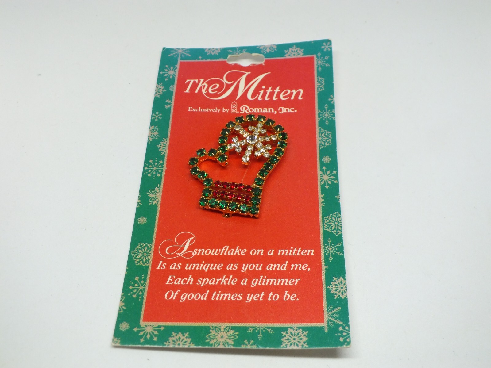 Christmas Brooch Pin Original Card Snowflake on Mitten 1 1/2 x 1" Rhinestones