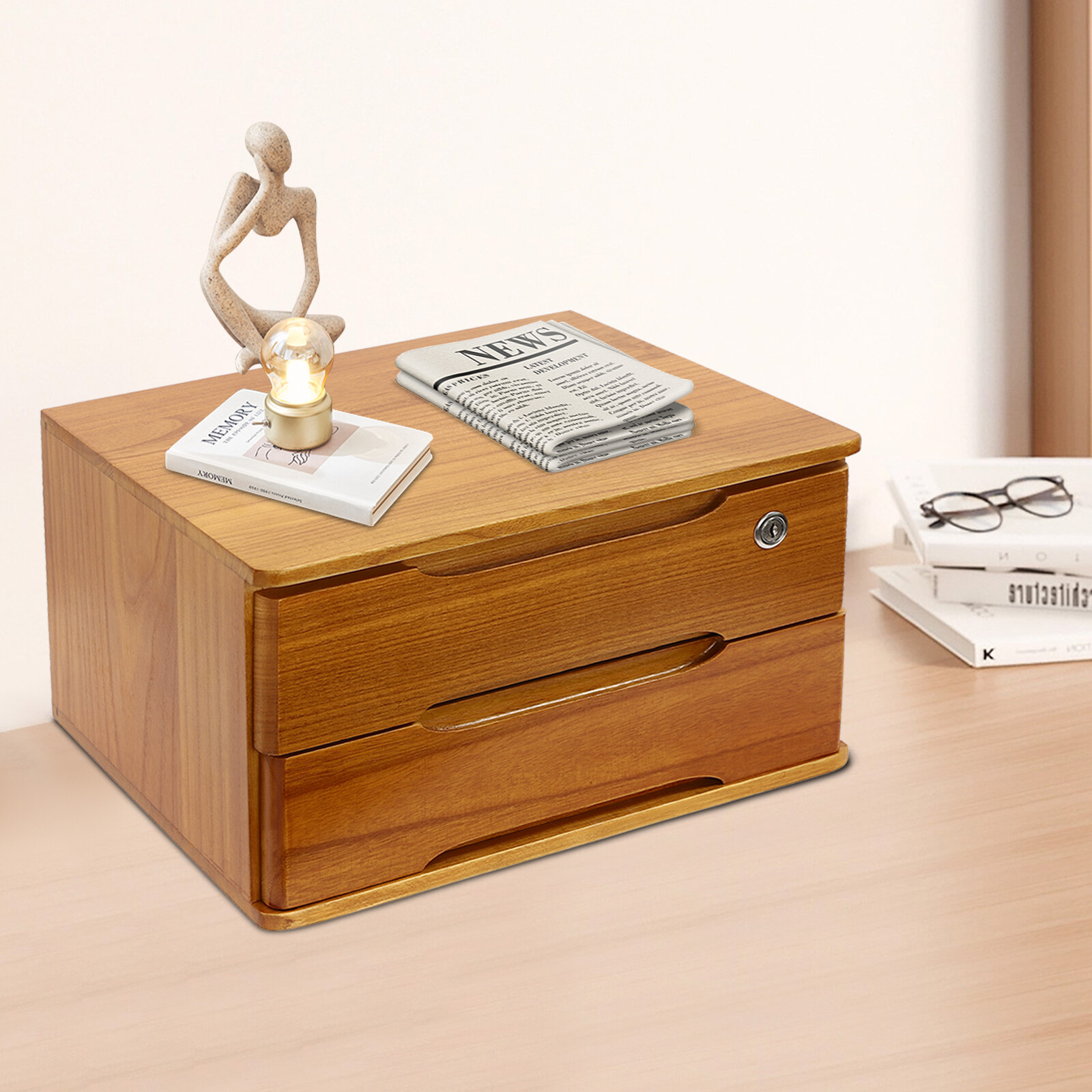 2-Tier Tung Wood Desktop Organizer with Locking Drawers for Tidy Storage