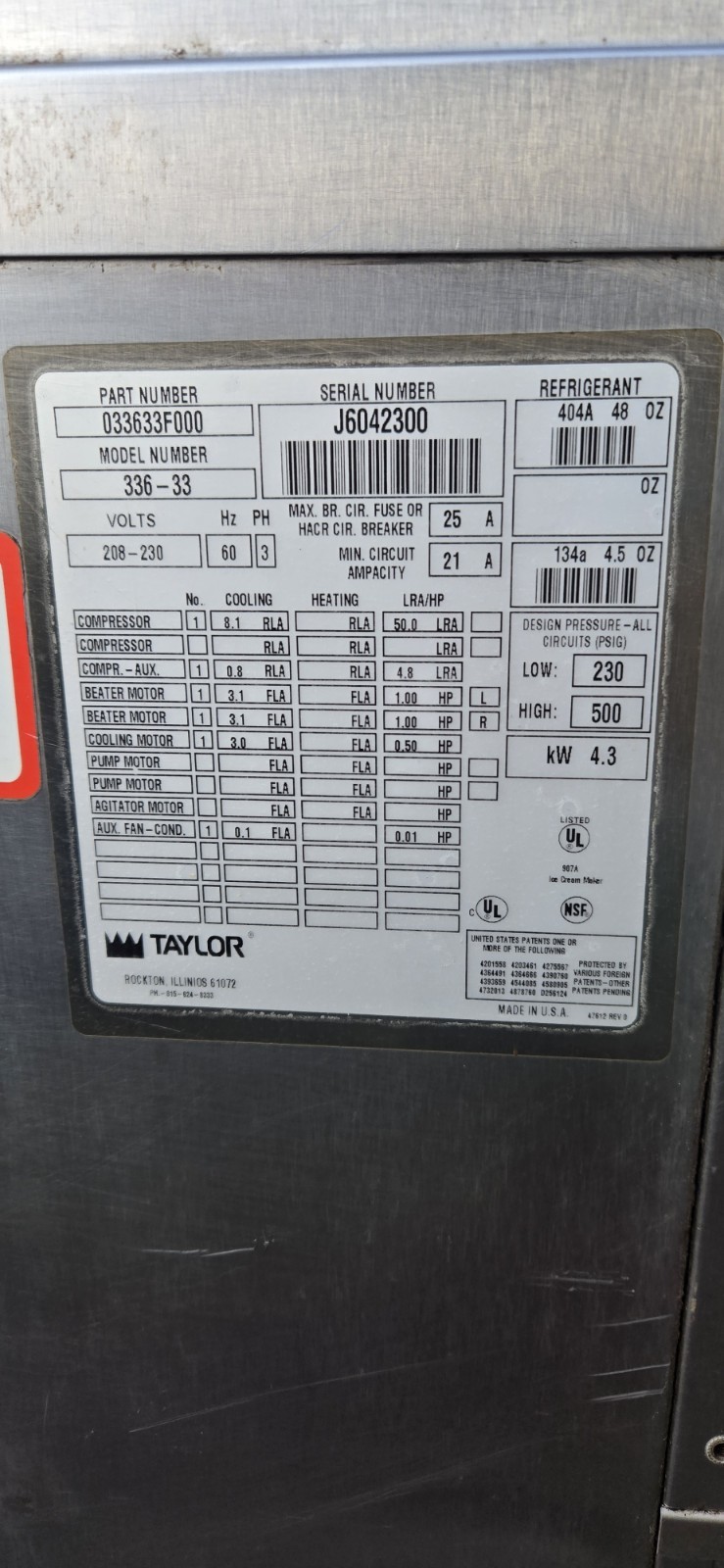 Taylor 336-33 Twin Twist soft serve Ice Cream Machine. 3 PHASE .