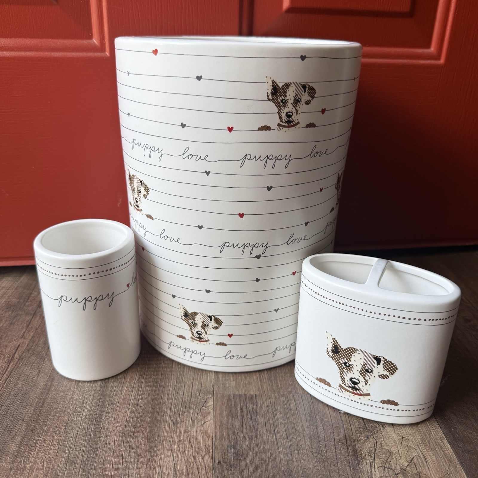 3-Piece Puppy Dog Love Ellen DeGeneres Wastebasket Toothbrush Holder Cup Hearts