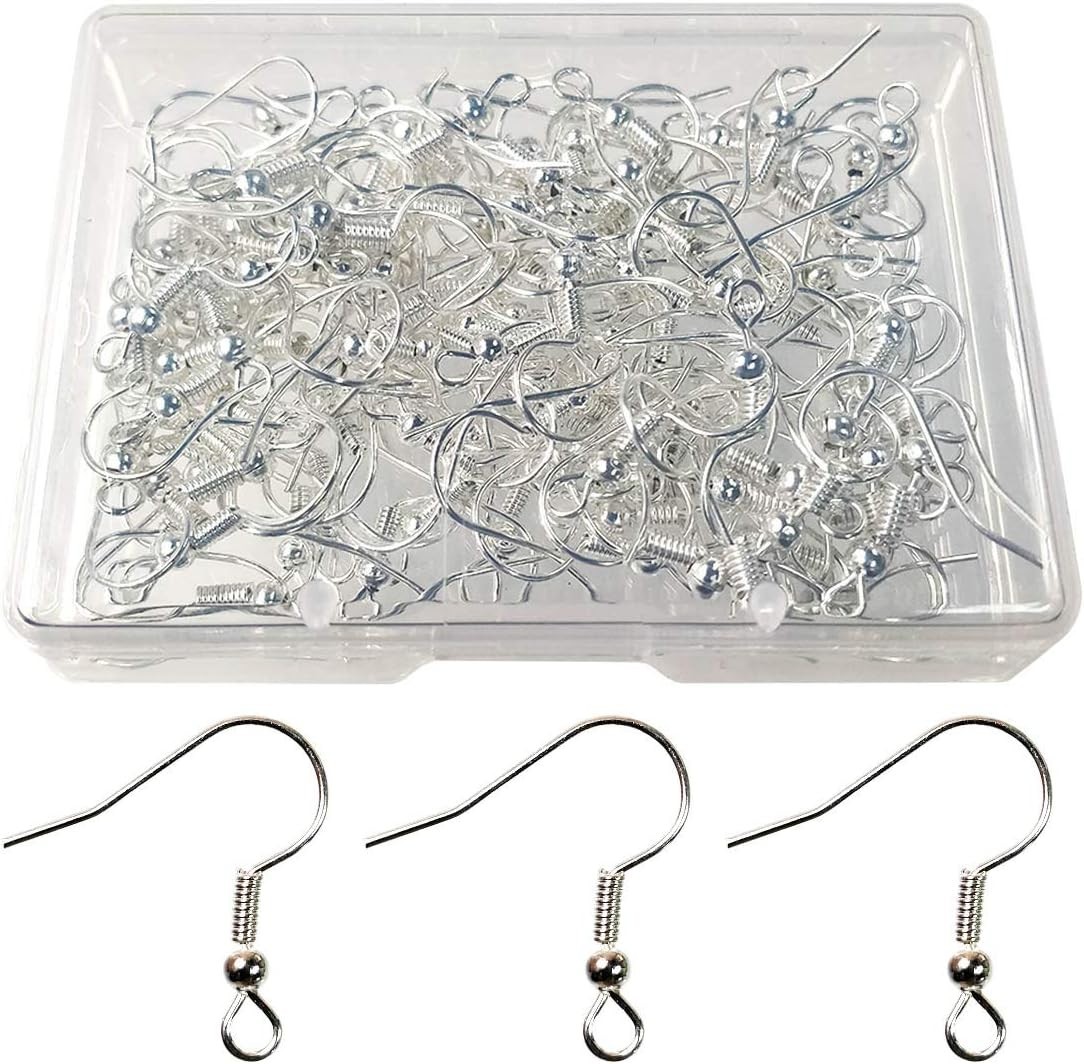 Transparent Storage Box with 120 Silver Plated Earring Hooks for DIY Projects