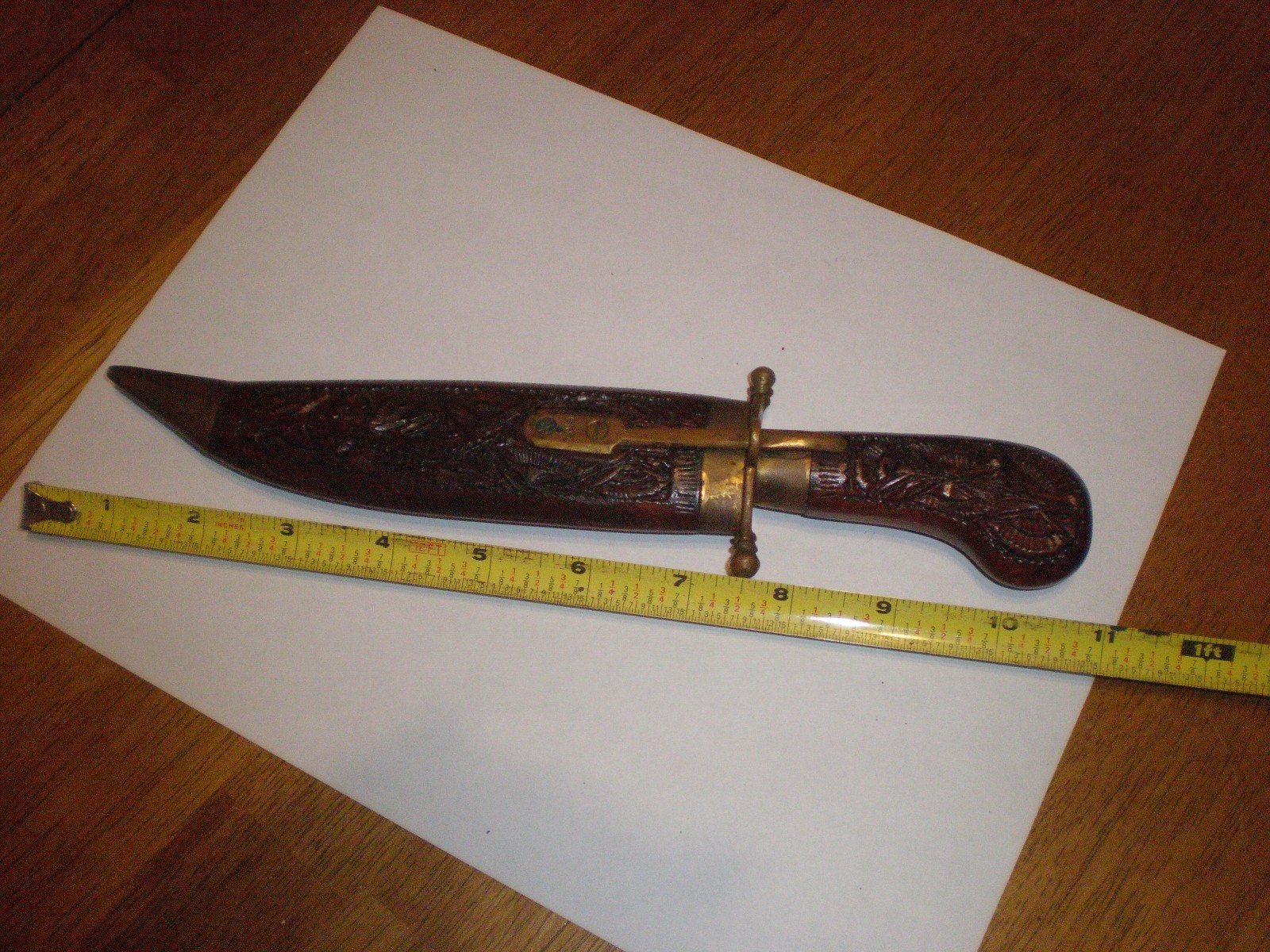 Antique Indian Brass Iron Dagger Knife Carved Wooden Scabbard Cover 10.5” INDA