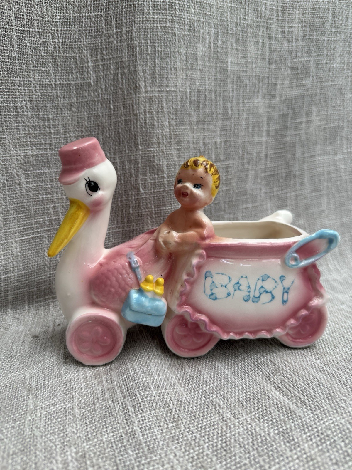 Rubins Original Anthropomorphic Stork Cart Baby Japan Planter Pink Blue #569