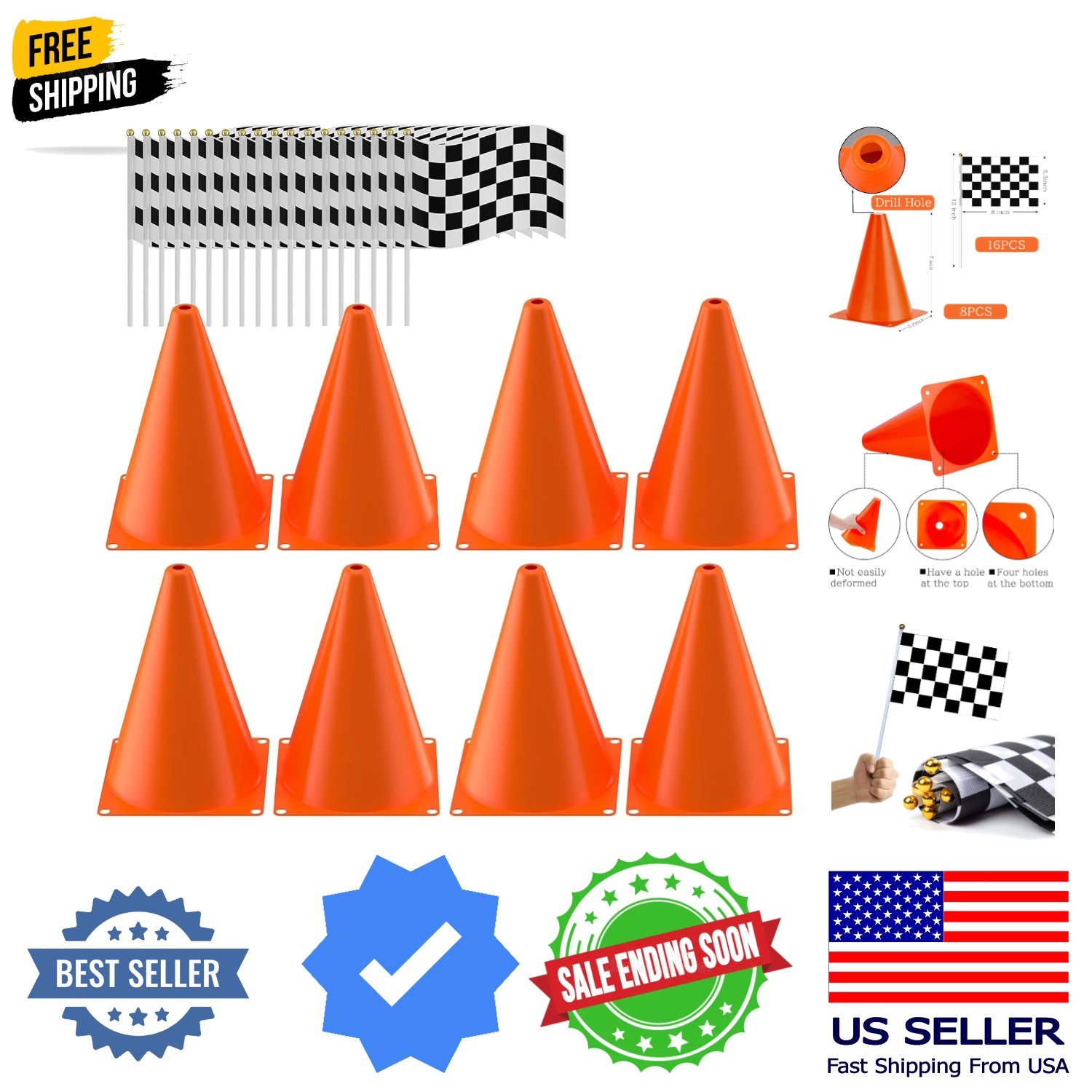 Traffic Cones with Racing Checkered Flags-8 Traffic Cones With Hole on Top, 1...