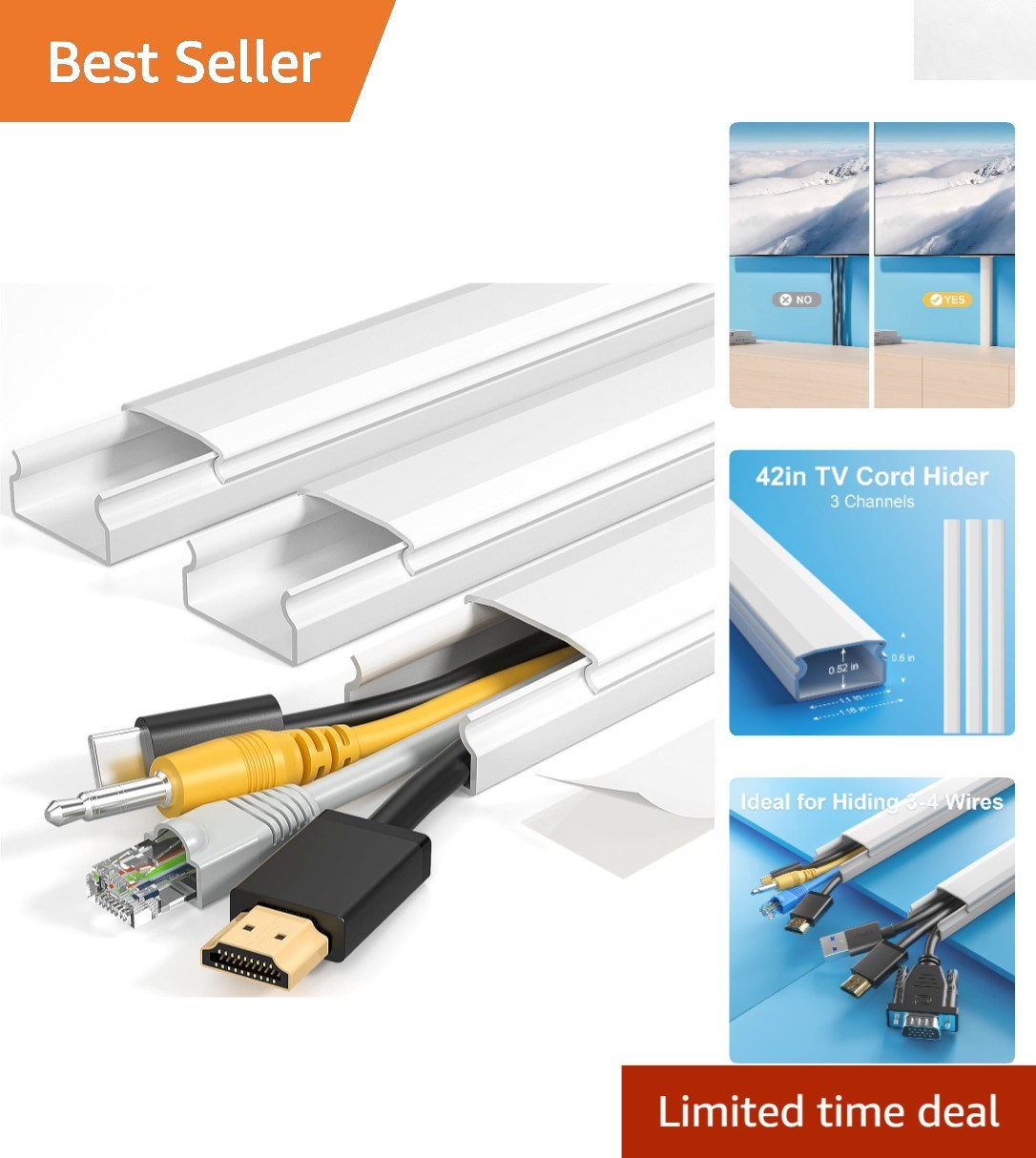 Modern Cable Raceway 42in, White Cord Hider for Neat Home Entertainment Setup