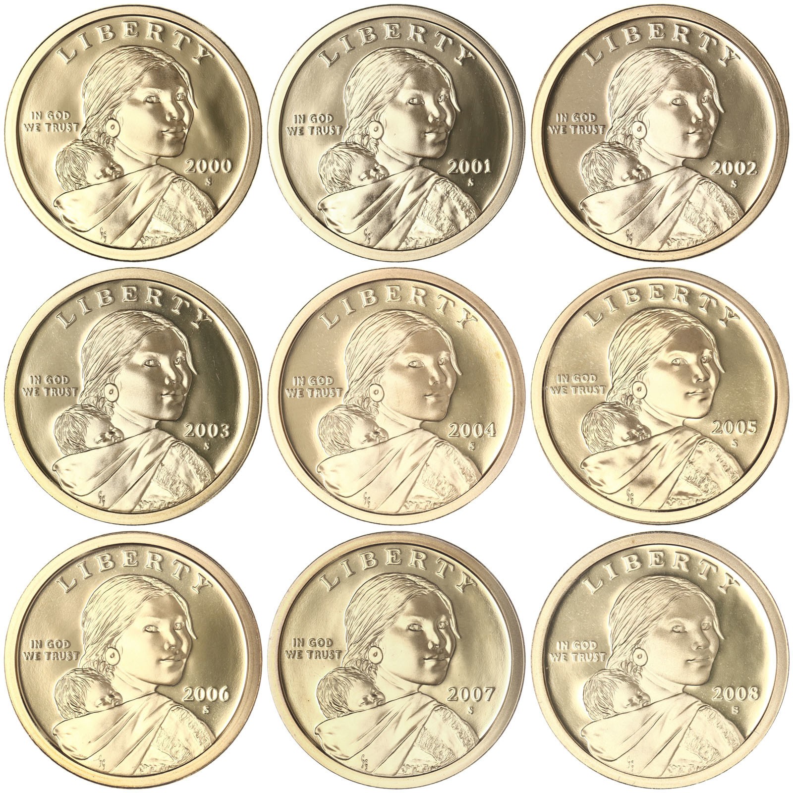 2000-2008 S Native American Sacagawea Proof Dollars Gem DCam 9 Coin Run