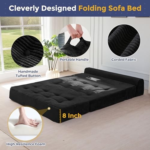 8" Folding Sofa Bed, Convertible Sleeper Sofa Lounger 53" Loveseat Black