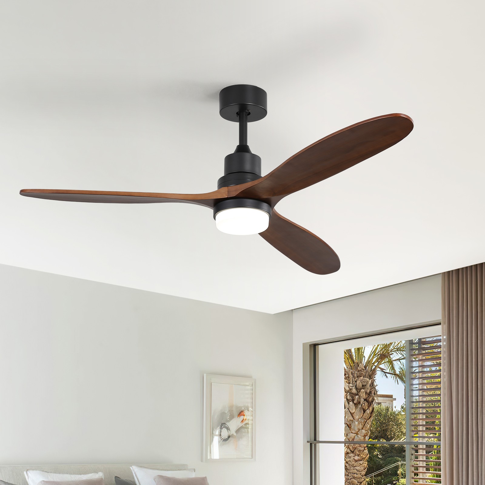 60" Ceiling Fan With Lights 3 Solid Wood Fan Blade Noiseless Reversible Motor