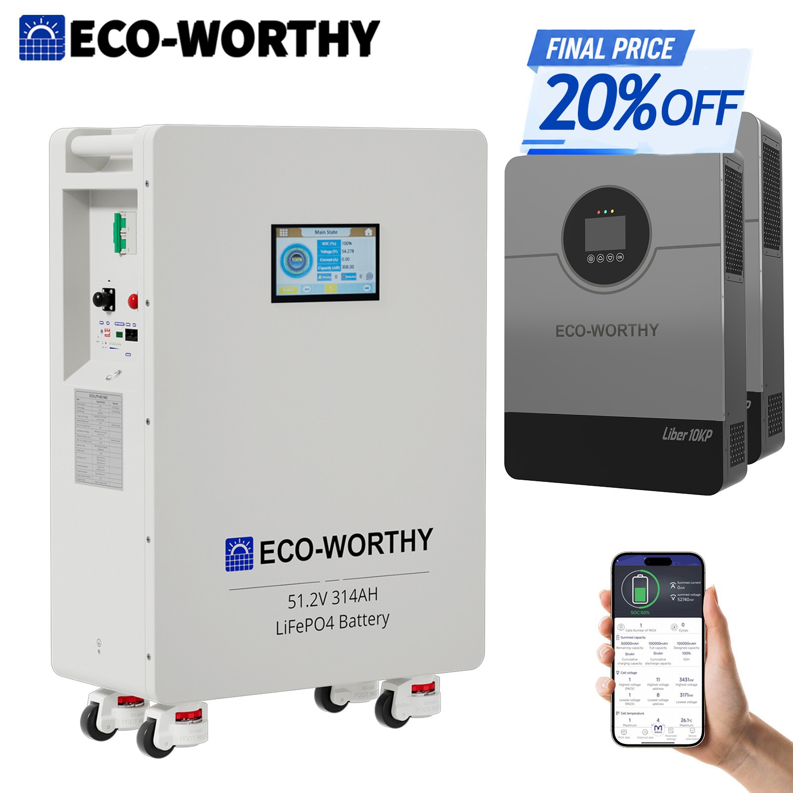 ECO-WORTHY 16kWh 48V 314AH LiFePO4 Battery+5kw/10kw/20kw Off-Grid Inverter
