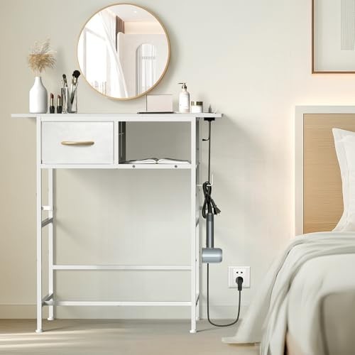 Compact Makeup Desk with Charging Station, Small Vanity Table & Drawer, White