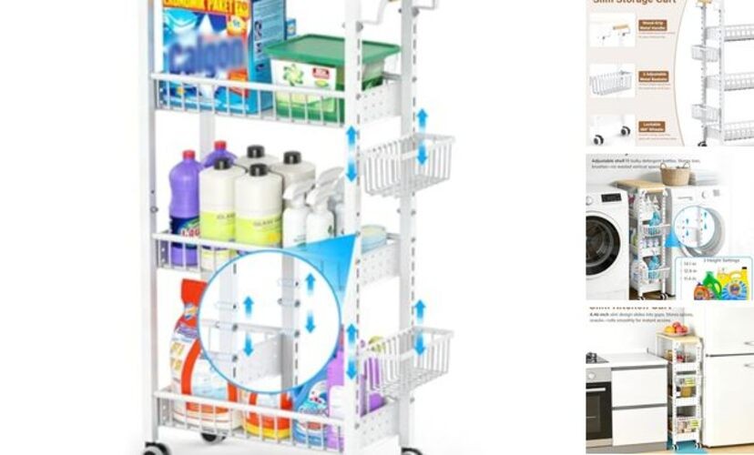 7.8 Inch Ultra-Slim 4-Tier Rolling Storage Cart with Adjustable Shelves - White
