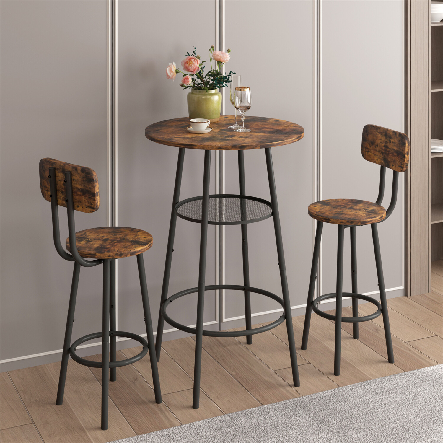 3/5 Piece Bar Table Set Counter Height Kitchen Dining Pub Table with Bar Stools