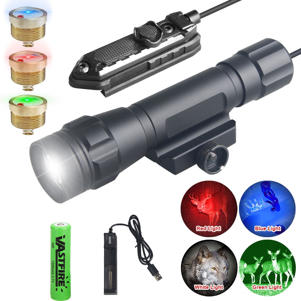 1200 Lumen Hunting Flashlight, Green/Red/White LED Weapon Flashlight+Switch