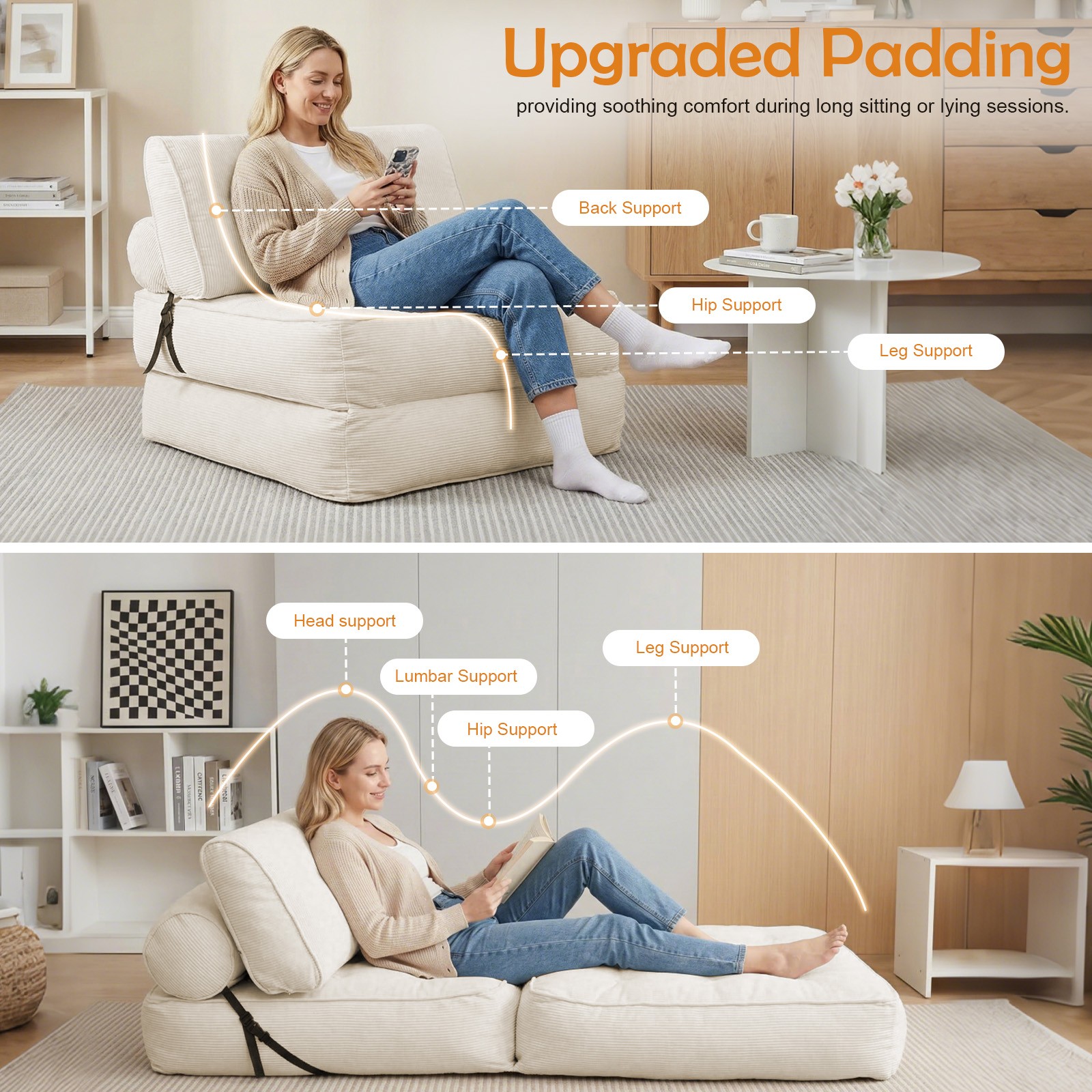 Foldable Single Sofa Bed, Convertible Sleeper Chair Bed Couches w/ Dual-Cushion