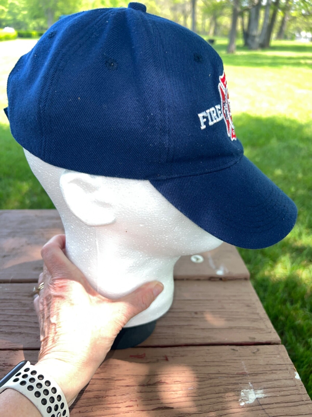 FD Fire Dept Navy Blue RWB Logo Hat Cap Hook Loop Dry Cleaned Good Condition