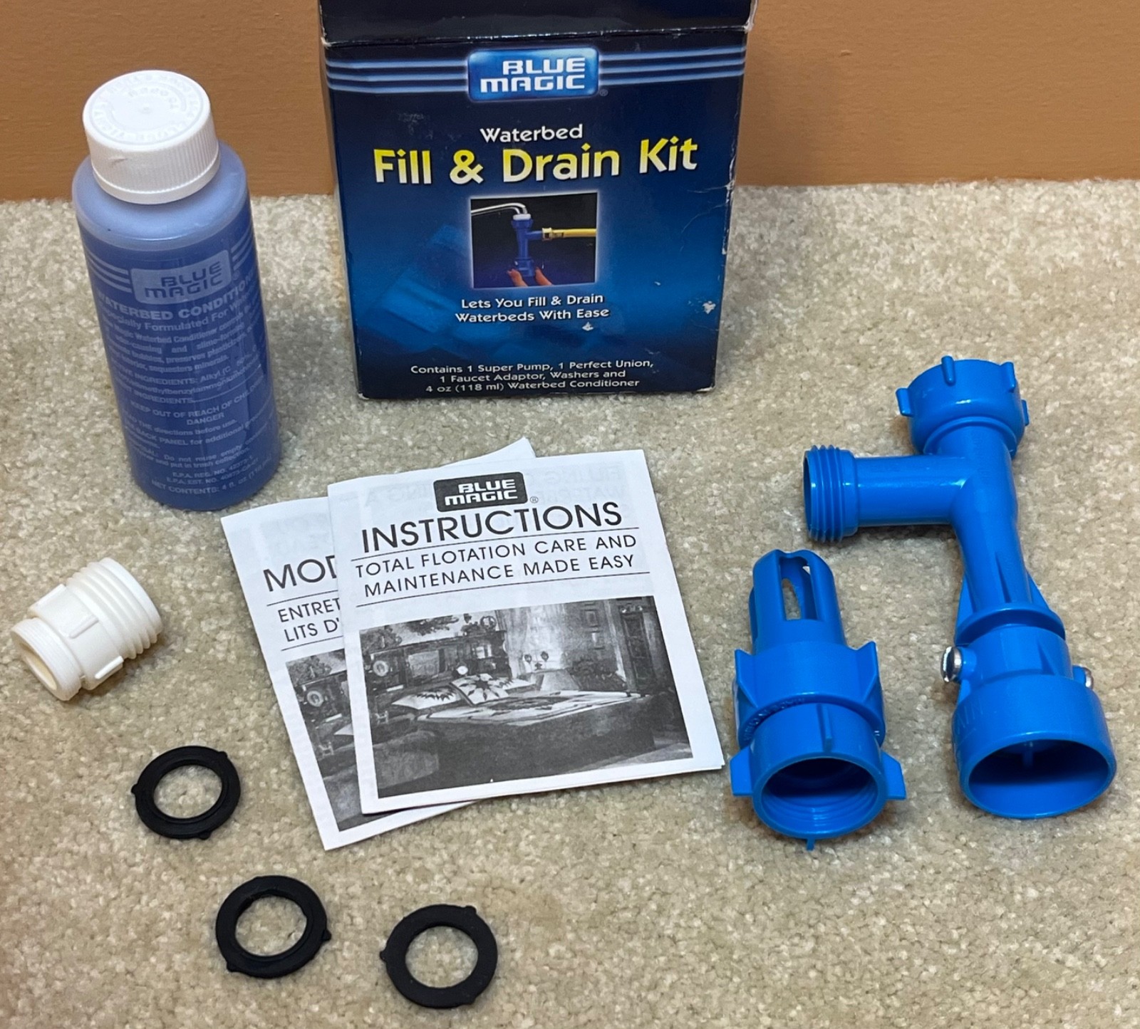 Blue Magic Waterbed Fill, Drain, & Water Conditioner Kit with Faucet Adapter NEW